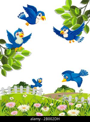 Szene mit blauen Vögeln, die in der Himmelsillustration fliegen Stock Vektor