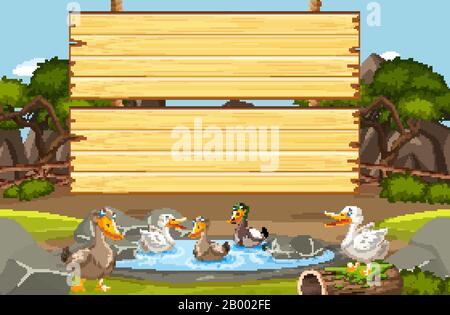 Holzschildschablone mit vielen Enten in der Teichillustration Stock Vektor