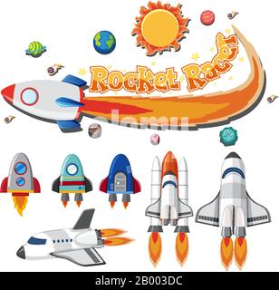 Satz von Raumschiff und Raketenrennfahrer auf weißer Hintergrundillustration Stock Vektor