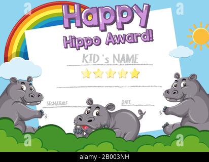 Zertifikatvorlage für Happy Award mit Hippo in Hintergrundillustration Stock Vektor