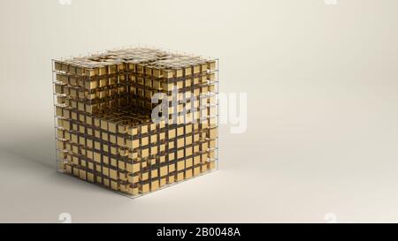 Würfelgitter mit unterschiedlich großen Goldboxen, die einen Bankwölb oder ein Speichersystem symbolisieren - 3D-gerenderte Abbildung Stockfoto