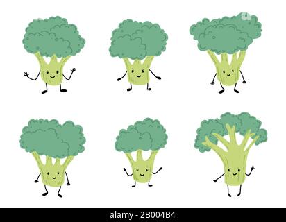 Broccoli lustiger Cartoon-Zeichensatz. Vektordarstellung isoliert. Konzept der gesunden Ernährung, vegetarisch. Brokkoli haben abstrakten, Cartoon, handgezeichneten Stil. Stock Vektor