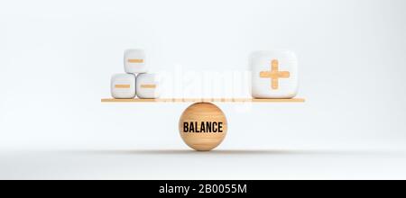 Balancierwürfel aus Holzkala mit Plus- und Minussymbolen und der WORTBALANCE vor weißem Hintergrund - 3D-gerenderte Abbildung Stockfoto