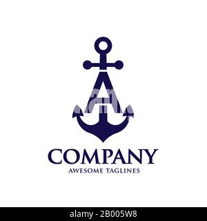 Kreativer Anfangsbuchstabe A mit Anker blau Farbe Logo Vektor Konzept Stock Vektor