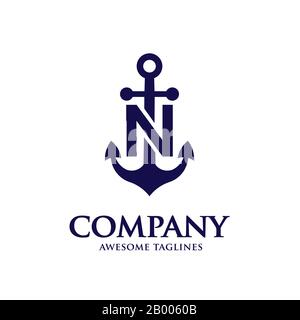 Kreativer Anfangsbuchstabe N mit Anker blau Farbe Logo Vektor Konzept Stock Vektor