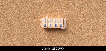 Würfel mit Wörtern KÜHLEN in blauen Buchstaben auf einer Korkplatte ab - 3D gerenderte Abbildung Stockfoto