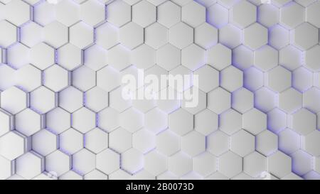 Weisses futuristisches Sechseck-Zylindermuster mit blauen Lichtern - 3D-Abbildung Stockfoto