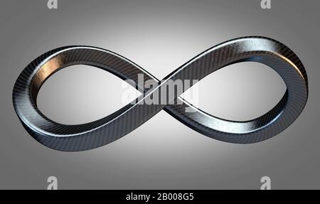 Ein Infinity-Symbol, das aus Karbonfaser aus eckigen Schläuchen auf einem isolierten weißen Studiohintergrund besteht - 3D-Rendering Stockfoto