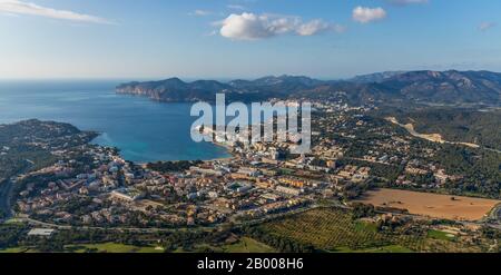 Luftbild, Playa Santa Ponsa, Ortsblick Santa Ponsa, Calvià, Mallorca, Spanien, Europa, Balearen, Brachland, es, Espana, Fernblick, Gree Stockfoto