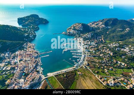 Luftbild, Port Port d'Andratx, Port d'Andratx, Europa, Balearen, Spanien, Mallorca, Boote, Anlegestellen, Bootsausflüge, Bootsanlegestelle, Bootsverleih, es, Espana Stockfoto