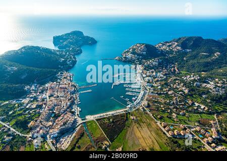 Luftbild, Port Port d'Andratx, Port d'Andratx, Europa, Balearen, Spanien, Mallorca, Boote, Anlegestellen, Bootsausflüge, Bootsanlegestelle, Bootsverleih, es, Espana Stockfoto