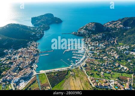 Luftbild, Port Port d'Andratx, Port d'Andratx, Europa, Balearen, Spanien, Mallorca, Boote, Anlegestellen, Bootsausflüge, Bootsanlegestelle, Bootsverleih, es, Espana Stockfoto