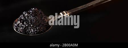 Black Caviar Panoramaaufnahme, ein Löffel Nahaufnahme auf schwarzem Hintergrund mit Copyspace Stockfoto
