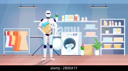 Roboter, der schmutzige Kleidung in die Waschmaschine bringt künstliche Intelligenz Technologie Haushaltskonzept moderne Waschküche Innenraum volle Länge horizontale Vektordarstellung Stock Vektor
