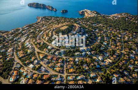 Luftbild, Blick auf das Dorf Santa Ponsa auf einem Hügel, Santa Ponsa, Calvià, Mallorca, Spanien, Europa, Balearen, es, Es Malgrats, Espana, Immobilien, Stockfoto