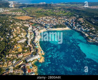 Luftbild, Playa Santa Ponsa, Ortsblick Santa Ponsa, Calvià, Mallorca, Spanien, Europa, Balearen, es, Espana, Fernblick, Hotel, Hotelfaci Stockfoto