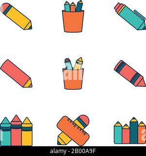 Schulzeile Füllstil Symbolsatz Design, Eduaction Unterricht Unterricht Wissen Vorschulunterricht Lernen Klassenzimmer und Hauptthema Vektor-Illustration Stock Vektor