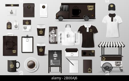 Branding-Set für Café-Bar und Café. Corporate Identity Template Design von Coffee. Realistisches Set aus Lieferwagen, Papierpack, Lieferwagen, Becher, Packung Stock Vektor
