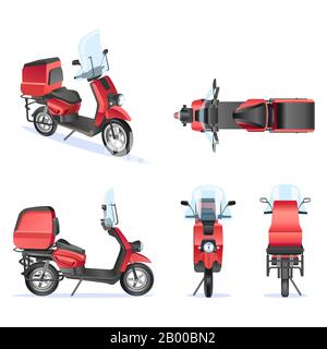 Motorrad 3D-Vektorvorlage für Moped, Motorrad Branding und Werbung. Isoliertes Motorrad auf weißem Hintergrund. Ansicht von Seite, Vorderseite, Rückseite Stock Vektor
