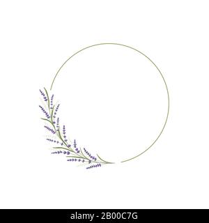 Lavendelrahmen. Hintergrunddekoration mit Blumenrahmen für Hochzeit und Einladungskarte. Kreisschablone mit Blumen- und Blattdesign. Grüne Einrichtung. Vektor Stock Vektor