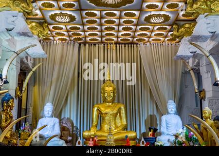 Altar und Statue von Buddha im Inneren der Sri Dalada Maligawa oder der Tempel des Heiligen Zahns, ein buddhistischer Tempel in der Stadt Kandy, Sri Lanka. Stockfoto