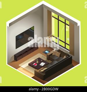 Isometrisches Wohnzimmer. Das Zimmer verfügt über ein Sofa, einen Couchtisch, einen tv und andere Möbel. Cutaway Innen realistische 3D-Vektorbilder Stock Vektor
