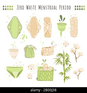 Zero Waste Woman Menstruation Vector Cartoon Flat Set mit umweltfreundlichen Produkten - wiederverwendbare Menstruationsbeläge, Tücher, Becher, Recyclingbeutel aus Baumwolle Stock Vektor