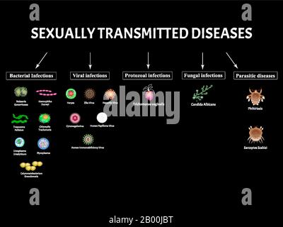 HIV, Herpes, Papillom, Hepatitis, Zytomegalovirus, Zika. Setzen Sie virale Infektionen. Syphilis, Gonococcus, Chlamydiose, Chlamydien, Mykoplasma, Ureaplasma Stock Vektor