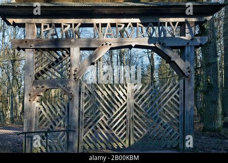 Eingang zum Park Narodowy, Bialowieza, Polen Stockfoto