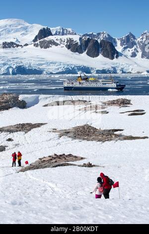 Touristen von einem Expeditionskreuzschiff auf der Peterman Island in der Nähe des Lemaire-Kanals, Graham Land, Antarktis. Stockfoto