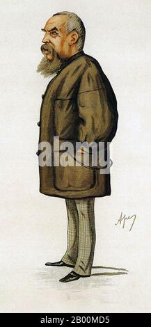 Großbritannien: 'Burton as Seen by Vanity Fair'. Sir Richard Francis Burton (1821-1890), Aquarellkarikatur von Carlo Pellegrini (1839-1889), 1885. Kapitän Sir Richard Francis Burton KCMG FRGS (19. März 1821 – 20. Oktober 1890) war ein englischer Entdecker, Übersetzer, Schriftsteller, Soldat, Orientalist, Ethnologe, Linguist, Dichter, Hypnotiseur, Fechter und Diplomat. Er war bekannt für seine Reisen und Erkundungen in Asien und Afrika sowie seine außergewöhnlichen Kenntnisse von Sprachen und Kulturen. Stockfoto