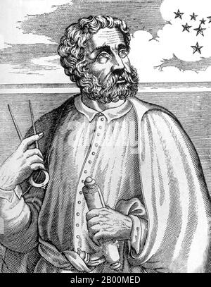 Portugal: Ferdinand Magellan (1480-1521), portugiesischer Explorer und Umkreisnavigator, Stich eines unbekannten Künstlers, 16. Jahrhundert. Ferdinand Magellan (c. 1480-27. April 1521) war ein portugiesischer Entdecker. Er wurde in Sabrosa, im Norden Portugals, geboren, erhielt aber später die spanische Staatsangehörigkeit, um König Karl I. von Spanien auf der Suche nach einer westwärts Route zu den Gewürzinseln (moderne Maluku-Inseln in Indonesien) zu dienen. Magellans Expedition von 1519-1522 wurde die erste Expedition, die vom Atlantischen Ozean in den Pazifischen Ozean segelte und die erste, die den Pazifik überquerte. Stockfoto