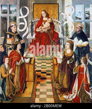 Spanien: "Madonna der Katholischen Könige". Tempera auf Tafelbild von Fernando Gallego (1440-1507) von Isabella I. von Kastilien, c. 1490. Isabella I. (spanisch: Isabel I., Ysabel, als Elisabeth anglikiert) (22. April 1451 – 26. November 1504) war Königin von Kastilien und Leon. Sie und ihr Ehemann Ferdinand II von Aragon brachten Stabilität in beide Königreiche, die die Grundlage für die Vereinigung Spaniens wurde. Später legten die beiden unter ihrem Enkel Karl V., dem Heiligen Römischen Kaiser, den Grundstein für die politische Vereinigung Spaniens. Stockfoto