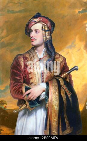 Großbritannien: 'Portrait of Lord Byron in Albanian Dress'. Öl auf Leinwand Gemälde von Thomas Phillips (1770-1845), 1813. George Gordon Byron, 6. Baron Byron, später George Gordon Noel, 6. Baron Byron, FRS (22. Januar 1788-9 April 1824), allgemein bekannt einfach als Lord Byron, war ein englischer Dichter und eine führende Figur in der Romantik. Er reiste im Osmanischen Reich, vor allem in Albanien und Griechenland. Stockfoto