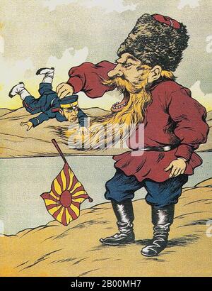 Russland: Russisch-Japanischer Krieg (10. Februar 1904 – 5. September 1905) Russisches Propagandaplakat mit dem "Frühstück des Kosaken", 1904-1905. Der Russisch-Japanische Krieg (8. Februar 1904 – 5. September 1905) war der erste große Krieg des 20. Jahrhunderts, der aus den rivalisierenden imperialen Ambitionen des Russischen Reiches und des Japanischen Reiches über die Mandschurei und Korea hervorging. Die daraus resultierenden Feldzüge, in denen das japanische Militär den Sieg über die gegen sie angestellten russischen Streitkräfte erlangte, wurden von den Weltbeobachtern unerwartet. Stockfoto