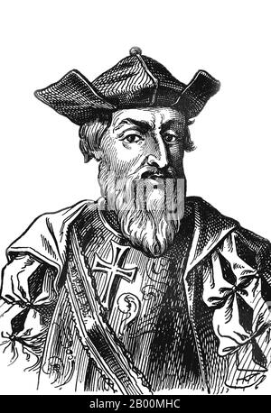 Vasco da Gama (1460 oder 1469 – 1524) Entdecker und Imperialist, c. 1913. Vasco da Gama, 1. Graf von Vidigueira (1460 oder 1469 – 1524) war ein portugiesischer Entdecker, einer der erfolgreichsten im europäischen Zeitalter der Entdeckung und Kommandant der ersten Schiffe, die direkt von Europa nach Indien segelten. Für kurze Zeit im Jahr 1524 war er Gouverneur von Portugiesisch Indien unter dem Titel Vizekönig. Stockfoto