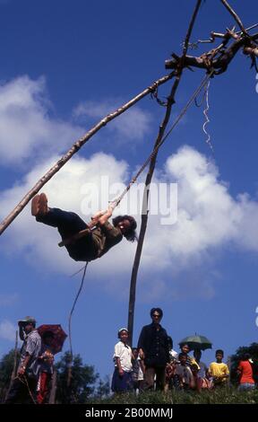 Thailand: Spaß beim Akha Swing Festival in der Provinz Chiang Rai. Die Akha sind ein Hügelstamm von Subsistenzbauern, die für ihre Kunstfertigkeit bekannt sind. Die ethnische Gruppe mag vor etwa 1500 Jahren in der Mongolei entstanden sein. Die meisten der verbliebenen Akha-Völker sind heute in kleinen Dörfern zwischen den Bergen Chinas, Laos, Myanmar (Burma) und Nordthailand verteilt, wo sie zu den sechs wichtigsten Bergstämmen gehören. Die Akha begann in Thailand im frühen zwanzigsten Jahrhundert zu kommen und weiterhin zu einwandern, mit etwa 80,000 jetzt leben in Thailand. Stockfoto