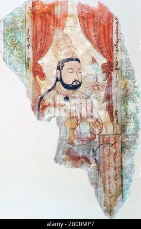 China: Bezeklik Tausend Buddha Höhlen, Turfan, Xinjiang: Ein männlicher Spender, 9. Jahrhundert. Die Bezeklik Tausend Buddha Höhlen (Bozikeli Qian Fo Dong) sind ein Komplex von buddhistischen Höhlengrotten aus dem 5. Bis 9. Jahrhundert. Es gibt 77 Felshöhlen an der Stelle. Einige Decken sind mit einem großen Buddha bemalt, der von anderen Figuren umgeben ist, darunter Inder, Perser und Europäer. Die Qualität der Wandbilder variieren mit einigen künstlerisch naiv, während andere Meisterwerke der religiösen Kunst sind Stockfoto