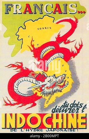 Vietnam: 'Franzosen, du musst Indochina vor der japanischen Hydra retten!' Französisch anti-japanische Propaganda Plakat, c. 1944. Die japanische Invasion der französischen Indochina, auch als Vietnam-Expedition bekannt, war ein Schritt des japanischen Imperiums im September 1940, während des Zweiten Chinesisch-Japanischen Krieges, um China daran zu hindern, Waffen und Treibstoff durch die französische Indochina zu importieren, Über die chinesisch-vietnamesische Eisenbahn vom Hafen Haiphong über Hanoi nach Kunming in Yunnan. Stockfoto