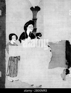 China: Teil eines Seidenbildes, das eine Dame und ihre Seite zeigt, vom Astana Friedhof, Turfan, Xinjiang. Die Astana Graves sind eine Reihe von unterirdischen Gräbern, die sich 6 km von der antiken Stadt Gaochang und 42 km von Turpan in Xinjiang, China, entfernt befinden. Die Gräber wurden von den Bewohnern von Gaochang, sowohl Bürger als auch Einheimische, für etwa 600 Jahre von 200 CE – 800 CE verwendet. Der Komplex umfasst 10 Quadratkilometer und enthält über 1,000 Gräber. Verschiedene Grundstücke für getrennte Kasten und Familien sind durch Schotterteiler gekennzeichnet. Aufgrund der trockenen Umgebung sind viele wichtige Artefakte gut erhalten. Stockfoto