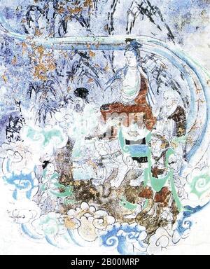 China: Ein Gemälde von Xuanzang, das Zeremonien für Buddha, Mogao-Höhlen, Gansu aufführt. Xuanzang ( Wade–Giles: Hsüan-tsang, c. 602 – 664) war ein berühmter chinesischer buddhistischer Mönch, Gelehrter, Reisender und Übersetzer, der die Interaktion zwischen China und Indien in der frühen Tang-Zeit beschrieb. Geboren in der chinesischen Provinz Henan in den Jahren 602 oder 603, nahm er von Kindheit an heilige Bücher zu lesen, einschließlich der chinesischen Klassiker und die Schriften der alten Weisen. Während er in der Stadt Luoyang lebte, trat Xuanzang im Alter von dreizehn Jahren in buddhistische Mönchsschaft ein. Stockfoto