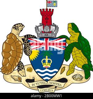 BIOT (Britisches Territorium im Indischen Ozean): BIOT Wappen (CC BY-SA 3.0. By Demidow). Das Britische Territorium im Indischen Ozean (BIOT) oder Chagos-Inseln (früher die Ölinseln) ist ein Überseegebiet des Vereinigten Königreichs, das im Indischen Ozean liegt, auf halbem Weg zwischen Afrika und Indonesien. Das Gebiet umfasst eine Gruppe von sieben Atollen, die mehr als 60 einzelne Inseln umfassen und etwa 500 Kilometer (310 Meilen) südlich des Archipels der Malediven liegen. Die größte Insel ist Diego Garcia (Fläche 44 km Quadrat), der Ort einer gemeinsamen militärischen Anlage des Vereinigten Königreichs und der Vereinigten Staaten. Stockfoto