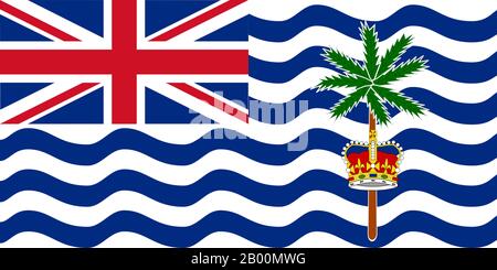 BIOT (Britisches Territorium im Indischen Ozean): BIOT-Flagge. Das Britische Territorium im Indischen Ozean (BIOT) oder Chagos-Inseln (früher die Ölinseln) ist ein Überseegebiet des Vereinigten Königreichs, das im Indischen Ozean liegt, auf halbem Weg zwischen Afrika und Indonesien. Das Gebiet umfasst eine Gruppe von sieben Atollen, die mehr als 60 einzelne Inseln umfassen und etwa 500 Kilometer (310 Meilen) südlich des Archipels der Malediven liegen. Die größte Insel ist Diego Garcia (Fläche 44 km Quadrat), der Ort einer gemeinsamen militärischen Anlage des Vereinigten Königreichs und der Vereinigten Staaten. Stockfoto