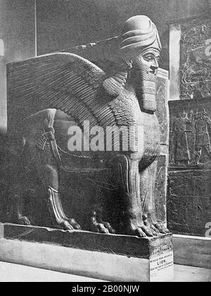 Irak: Steinportalwächter oder Lamassu (mythischer geflügelter Wächter) aus Nimrud, Assyrien; Statue eines Löwen mit Flügeln und Kopf eines bärtigen Mannes. Der assyrische König Shalmaneser I. ordnete die Gründung von Nimrud an, das etwa 1,000 Jahre lang als Hauptstadt im 13. Jahrhundert v. Chr. existierte. Die Stadt gewann Ruhm, als König Ashurnasirpal II von Assyrien (c. 880 v. Chr.) machte es zu seinem Kapital. Er baute einen großen Palast und Tempel an der Stelle einer früheren Stadt, die lange in Ruinen gefallen war. Stockfoto