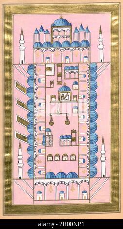 Türkei: Beleuchtetes Folio, das 'Al-Masjid al-Nabawi oder die Moschee des Propheten in Medina' zeigt, aus einem osmanischen dua kitabi oder ‘Gebetbuch’ von Hasan Rashid (Istanbul, 1845), das einst Eigentum einer Topkapi-Haremdame war. Der arabische Begriff ‘dU’a’ wird im Allgemeinen ‘Englisch als „Gebet“ übersetzt, obwohl eine genauere Darstellung „‘sDuplikation“ wäre. Der Begriff wird von einem arabischen Wort abgeleitet, das bedeutet "rufen" oder "summon", und Muslime betrachten dies als einen tiefen Akt der Anbetung. Dies ist, wenn Muslime sich mit Gott verbinden und ihn um Vergebung bitten oder um seine Gunst bitten. Stockfoto