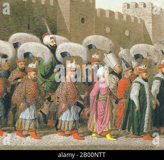 Türkei: Zeremonielle Prozession des Sultans aus Topkapi-Palast, c. 1810. Hier abgebildet ist der Sultan, der den Topkapi-Palast für Freitagsgebete in einer der Moscheen der Hauptstadt verlässt. Die einmal pro Woche Ausflug war das einzige Mal, dass der Sultan in der Öffentlichkeit erschienen. Die Berater des Sultans, die Wesire, trugen grün. Die Kämmerer trugen Scharlach. Religiöse Würdenträger trugen Purpur und Mullahs hellblau. Der Meister des Pferdes in dunkelgrün von Kopf bis Fuß gekleidet. Gerichtsbeamte trugen hellrote Schuhe. Diejenigen, die im Büro des Grand Vizier arbeiteten, das sich direkt vor den Mauern des Palastes befand, trugen gelbe Schuhe. Stockfoto