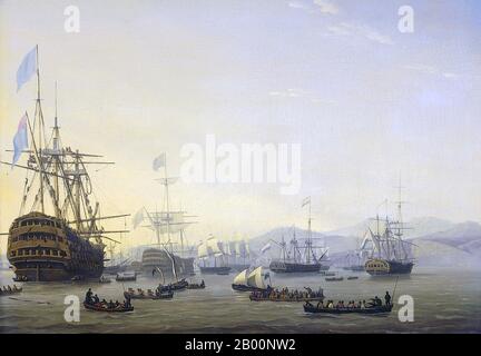 Algerien/Niederlande: 'Kriegsrat an Bord der ‘Königin Charlotte‘, die Lord of Exmouth vor dem Bombardement von Algier, 26. August 1816 hielt'. Farbe auf Tafelmalerei von Nicolaas Baur (1767-1820), 1818. Die Bombardierung von Algier (27. August 1816) war ein Versuch Großbritanniens, die Sklaverei der Dey von Algier zu beenden. Eine anglo-holländische Flotte unter dem Kommando von Admiral Lord Exmouth bombardierte Schiffe und die Hafenverteidigung von Algier. Es war teilweise erfolgreich, als die Dey von Algier nach dem Bombardement rund 3,000 Sklaven befreiten und einen Vertrag gegen die Sklaverei der Europäer unterzeichneten. Stockfoto