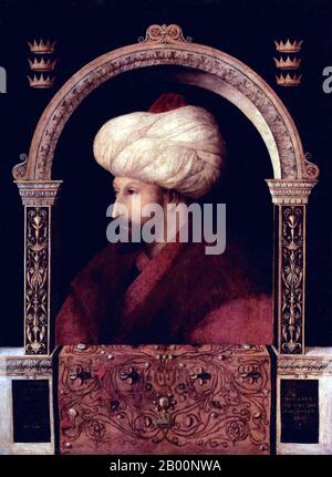 Türkei: Porträt des Eroberers Sultan Mehmed II. Öl auf Leinwand Gemälde von Gentile Bellini (1429-1507), 1480. Mehmed II. (30. März 1432 – 3. Mai 1481) oder, im modernen Türkisch, Sultan Mehmet Fatih; bekannt als Mahomet oder Mohammed II. Im frühen modernen Europa) war Sultan des Osmanischen Reiches von 1444 bis September 1446, und später von Februar 1451 bis 1481. Im Jahr 1471, im Alter von 21 Jahren, eroberte er Konstantinopel, jetzt Istanbul, ein Ende des Byzantinischen Reiches. Mehmed beauftragte den Maler Bellini 1479 von Venedig in die türkische Hauptstadt zu reisen, um zwei Jahre lang Porträts zu malen. Stockfoto