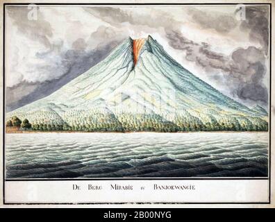 Indonesien: Mount Mirabie in Banyuwangi, Ost-Java. Aquarellmalerei eines unbekannten Künstlers, Ende des 18. Jahrhunderts. Mount Merapi, Gunung Merapi (wörtlich Feuerberg in Indonesisch/Javanisch), ist ein aktiver Stratovulkan an der Grenze zwischen Zentral-Java und Yogyakarta, Indonesien. Es ist der aktivste Vulkan in Indonesien und ist seit 1548 regelmäßig ausgebrochen. Es liegt etwa 28 km nördlich von Yogyakarta Stadt, und Tausende von Menschen leben auf den Flanken des Vulkans, mit Dörfern so hoch wie 1,700 Meter (5,600 ft) über dem Meeresspiegel. Stockfoto