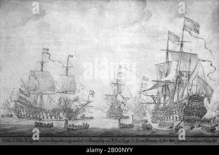 Niederlande: "Kriegsrat an Bord der "Sieben Provinzen", Flaggschiff von Michiel Adriaensz de Ruyter, 10. Juni 1666, vor der vier-Tage-Schlacht". Tusche auf Leinwand Gemälde von Willem van de Velde der Ältere (c. 1611-1693), Ende des 17. Jahrhunderts. Die vier Tage Schlacht (1-4. Juni 1666), auch bekannt als die vier Tage Kampf, war eine Seeschlacht während des zweiten Anglo-Niederländischen Krieges. Es wurde in der südlichen Nordsee gekämpft und begann vor der flämischen Küste, bevor es nahe der englischen Küste endete, einem der längsten Marineengagements der Geschichte. Es war ein holländischer Sieg, mit schwerem Schaden für die englische Flotte. Stockfoto